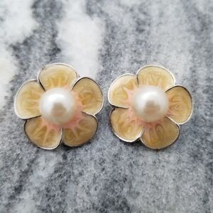 Vintage Big Flower Post Earrings, Faux Pearl Center, Yellow Enamel, Unsigned Est
